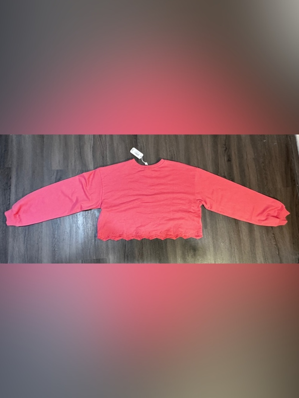 Pink Bow Embroidered Cropped Sweatshirt XS NWT Eyelet Scallop Hem - Picture 11 of 11